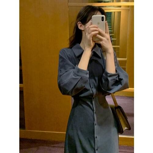 Linen Cotton Fashion Long-sleeved Shirt Women Autumn Retro Button Mid-length Dress Women Casual Loose Party Robe Long Skirt