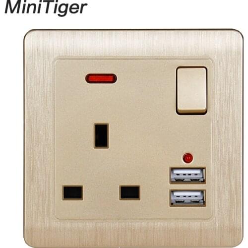 Minitiger Wall Power Socket 13A UK Standard Switched Outlet 2.1A Dual USB Fast Charger Port LED indicator Gold Brushed Panel