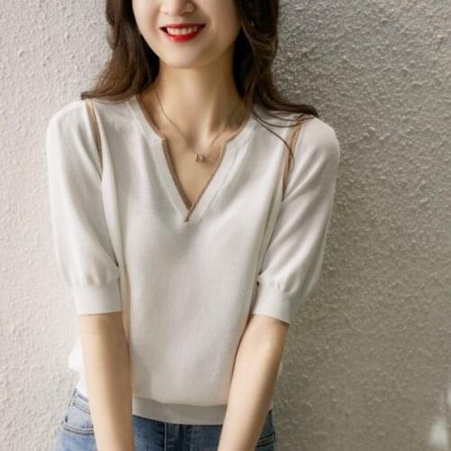 New Cardigan V-Neck Coat Stitching color Short sleeve Sweater Summer Tops Thin Pocke Femalet Knitted Coats Knitted T-shirt