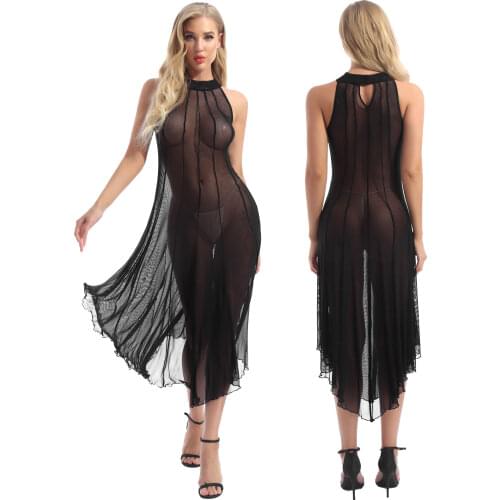 Women Female Gothic Sexy Dresses Transparent See-through Mesh Dress Punk Mock Neck Sleeveless Dresses for Cocktail Rock Concert