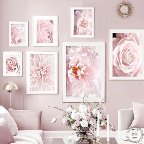 Pink Flower Canvas Painting Blooming Rose Peony Nordic Plant Poster and Prints Wall Art Pictures for Home Design Bedroom Decor