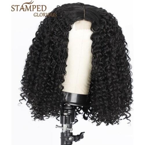Stamped Glorious 14inches Curly Middle Lace Part Bob Wig Heat Resistant Fiber Synthetic Wigs for Women Black Short Wig