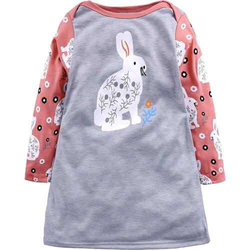 Spring 2021Girls Dress Grey Cotton Rabbit Children Clothing Kid Girl Long Sleeve Autumn Dress Baby Clothes For Girl