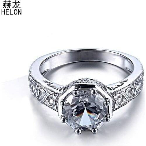 Vintage Antique Solid 10k White Gold Certified 8mm Round 2.6CT Genuine White Topaz Engagement Ring Art Deco Women Fine Jewelry
