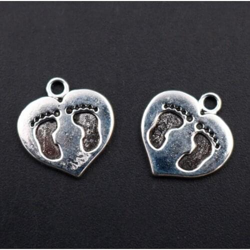 20 PCS Silver Color Heart Shaped Footprint Charm Alloy Pendant Bracelet Necklace DIY Metal Jewelry Making