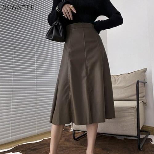 High Waist Skirts Women Pu A-line Office Lady Casual All-match Trendy Design Leather Baggy Elegant Solid Simple Korean Popular