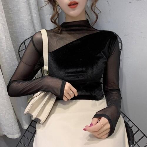 New Gold Velvet Turtleneck Plueche Bottoming Shirt Women Inner Layer Stitching Lace Mesh Top
