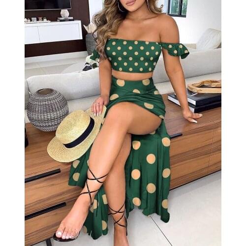 Off Shoulder Floral Print Draped Short Sleeve Crop Top & High Slit Maxi Skirt Set Women Sexy 2 Pcs Set