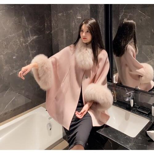 2020 Autumn Winter Ladies Real Wool Coat with Genuine Fox Fur Collar Thick Jacket Overcoat Female Warm Cashmere Coats