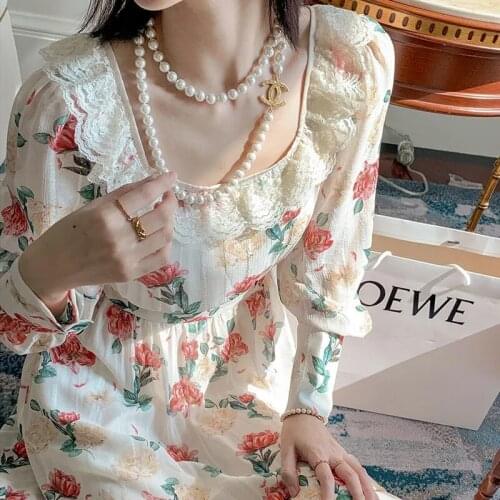 Women Spring Elegant Floral Square Collar Lace Long Sleeve Dress High Waist A-line Dress Female Vintage Office Lady Vestidos