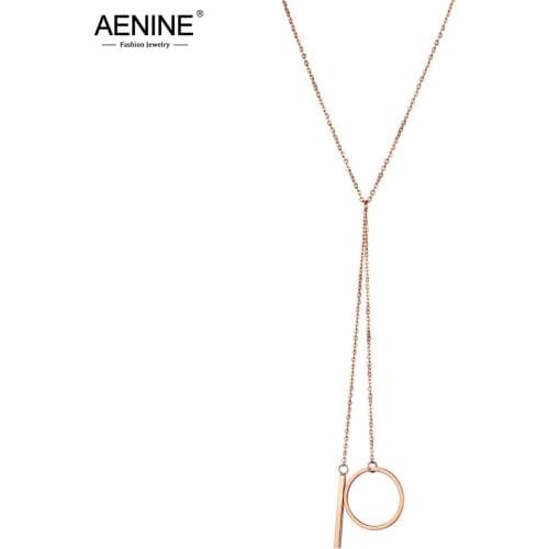 AENINE Trendy Stainless Steel 24 Inches Necklace Rose Gold Color Pendant Necklace Strip & Circle Sweater Chain For Women AN18248