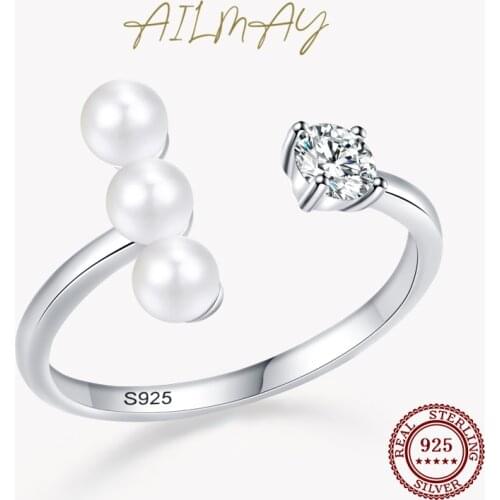 Ailmay Genuine 925 Sterling Silver Elegant Round Pearl Opening Rings Simple Fashionc For Women Girls Party Accessories Jewelry