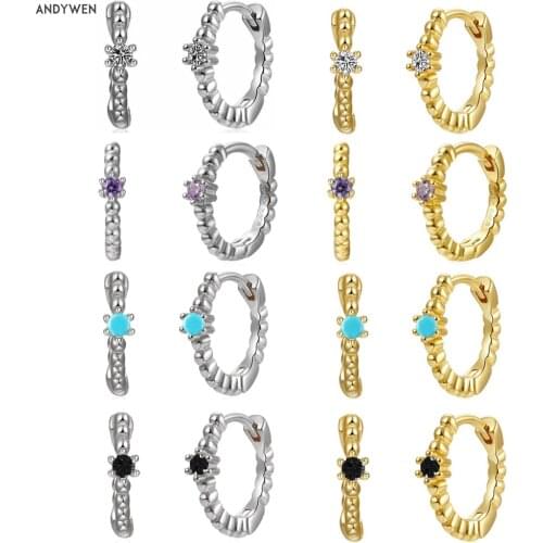 ANDYWEN 925 Sterling Silver Gold 8mm Huggies One Zircon Clear Hoops Black Purple Circle Piercing Ohrringe Earring For European