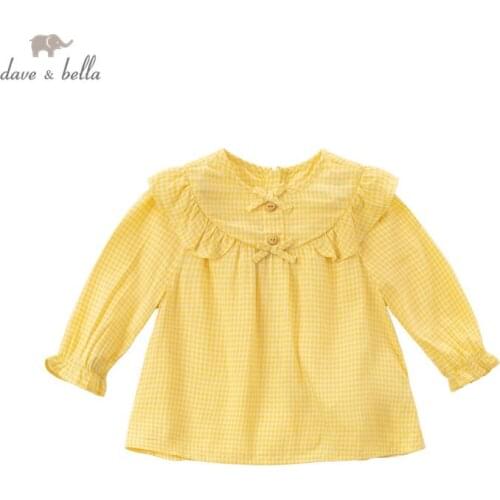 DBS16254 dave bella spring fashion baby girls bow plaid print shirts infant toddler tops children high quality clothes