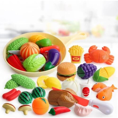 Children Pretend Play Toy Plastic Simulation Cutting Fruit Vegetables Seafood Breakfast Burger Food Kitchen Educational Toys