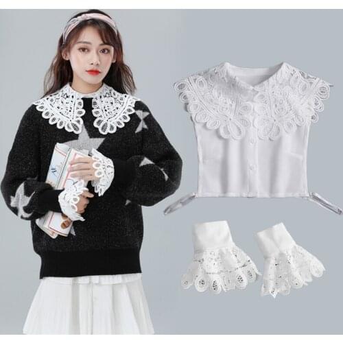 Women 2 Pieces Large Lapel False Collar with Fake Sleeves Wristband Set Elegant Hollow Out Lace Detachable Half Shirt Dickey Ho