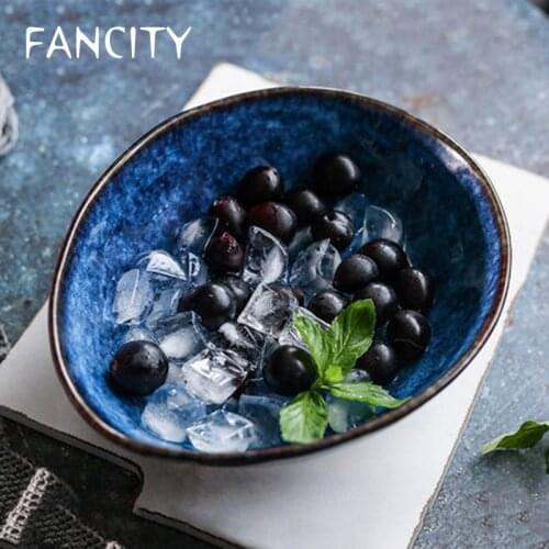FANCITY European style blue shaped bowl creative soup bowl noodle bowl irregular fruit salad bowl ceramic rice bowl household