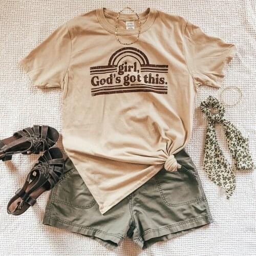 Girl Gods Got This Women Cute Graphic Tshirts Khaki Plus Size Loose Cotton Short Sleeve Tops Round Neck Summer Casual Shirts