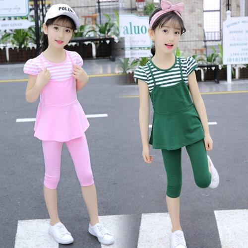 Girls Summer Short Sleeve Clothing Set 2020 New Fashion Striped Patchwork O-neck T-shirt & 7/10 Pants Two Pieces Clothing Suit