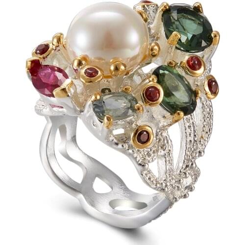 Best Buy Fashion Ring with Pearl Multi colorful stone Black Gold-color Fashion Unique Design Party Anniversary Gift Ring
