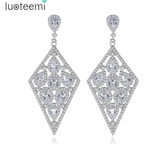 LUOTEEMI ExquisiteLong Dangle Earrings for Woman Wedding Dating Rhombus CZ Boucle D'oreille Femme Female Jewelry Christmas Gift
