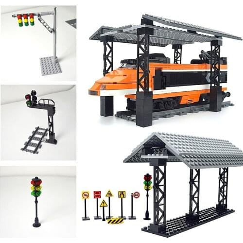 City Train Station Bus Stop Model mini signs signal lamp Road traffic light Stations for Trein Car Building Blocks Classic Brick
