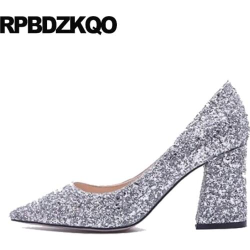 High heels glitter thick size 4 34 sparkling 33 dress bridal women golden chunky pointed toe shoes gold pumps silver 3 inch 2019