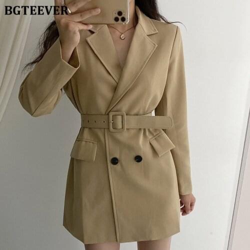BGTEEVER Fashion Autumn Winter Women Blazer Full Sleeve Double Breasted Sashes Female Suit Jackets Casual Loose Ladies Outwear