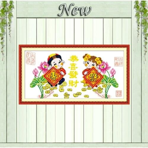 Two kids carrying wealth diy painting counted print on canvas DMC 11CT 14CT Chinese Cross Stitch kits embroidery needlework Sets