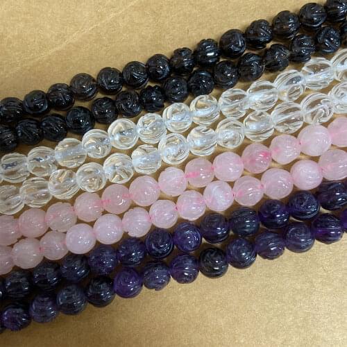 Natural 3D Flower Carved Crystal Gemstone 6 8 10 12mm Amethyst Purple Pink White Grey Quartz Round Beads Accessories DIY Jewelry