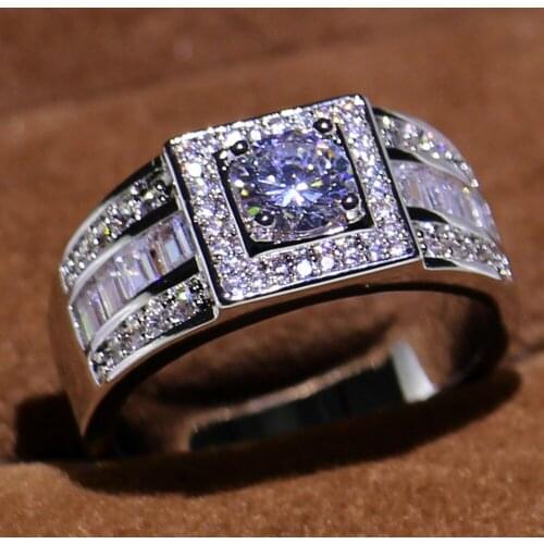 Wholesale Drop Shipping Sparkling Fashion Male Jewelry 10KT White Gold Filled Princess 5A Zirconia CZ Men Wedding Band Ring Gift