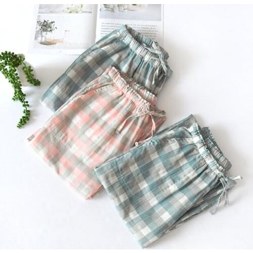 2020 New Spring and Autumn Couple Pijama Pants Cotton Plaid Gauze Men and Women Home Pants Elastic Waist Plus Size Sleep Wear