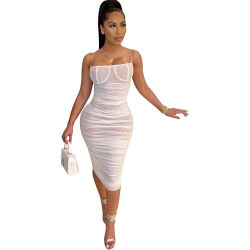 Adogirl Ruched Sheer Mesh Spaghetti Straps Midi Dress