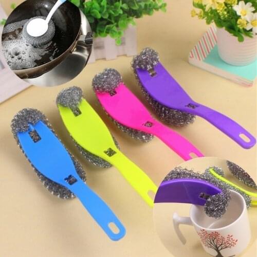 Long Handle Steel Wire Ball Cleaning Brush with Handle Kitchen Cleaner Tool for Washing Pot Dish Pan Bowl Color Random