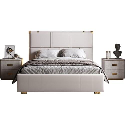 Light luxury leather solid wood double bed high back modern simple master bedroom high feeling wedding bed