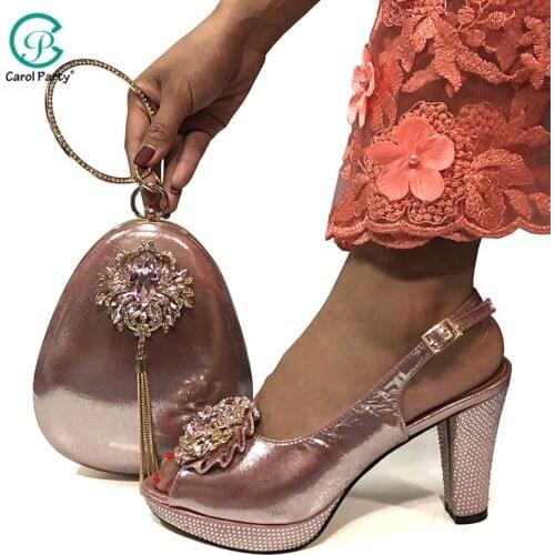 2020 New Arrival Pink Color Ladies Italian design Shoes and Bag Set Decorated with Rhinestone Nigerian Shoes and Matching Bags