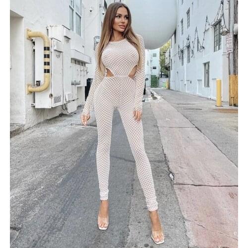 High Quality White Sexy Mesh Full Sleeve Hollow Out Bandage Jumpsuit 2021 Celebrity Designer Fashion Women Party Jumpsuit