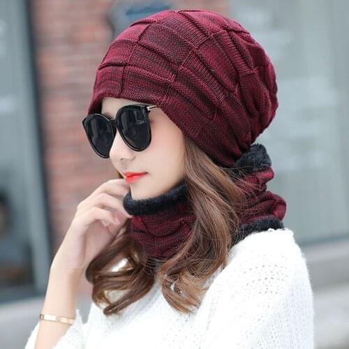 Women Winter Fleece Beanie Hat Knitted Skullies Cap Solid Female Fashion Warm Hat and Scarf Set