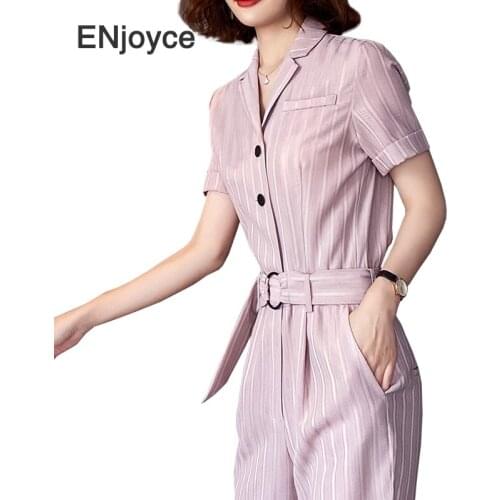 Vintage Pink Stripe Suit Jumpsuit with Belt Women High Waist Short Sleeve Jumpsuits Summer Elegant Ladies Jump Suits Bodysuits