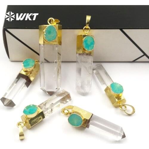 WT-P1405 Hexagon Shape Crystal With Round Shape Green Stone Charm Gold Capped Pendant Natural Clear Pendant For Women Jewelry