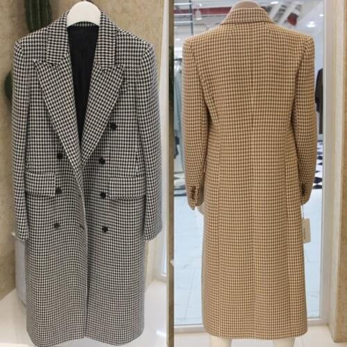 Coat women houndstooth coat womens waist thin woolen coat female long temperament commuter autumn and winter new woolen coat