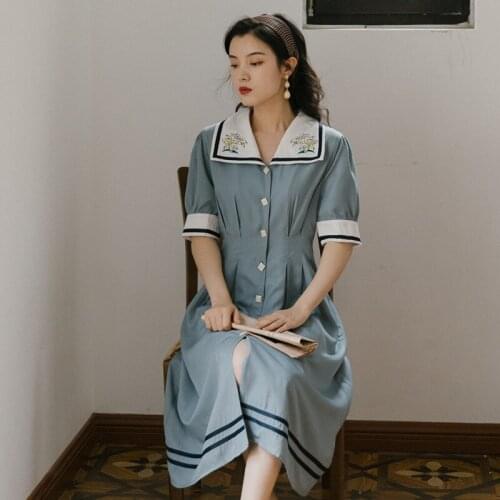 2021 Summer New Female Large Lapel Literary Elegant Embroidered Dress Single Breasted High Waist Mid-Length Dress For Women