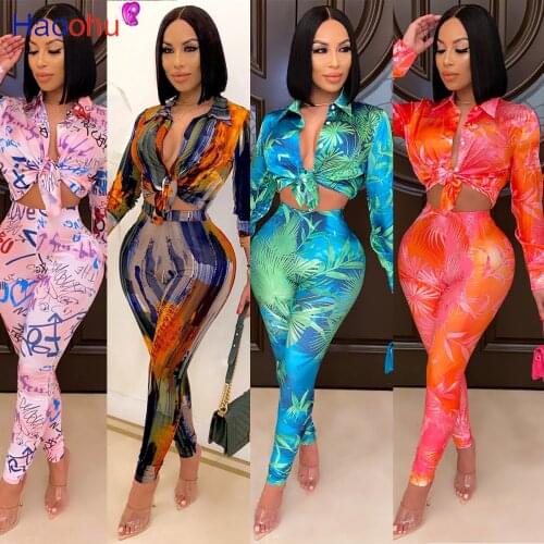 HAOOHU Winter Women Set Full Sleeve Tie dye Print Tracksuit Jackets Tops Pants Suit Two Piece Set Night Club Sporty Outfits