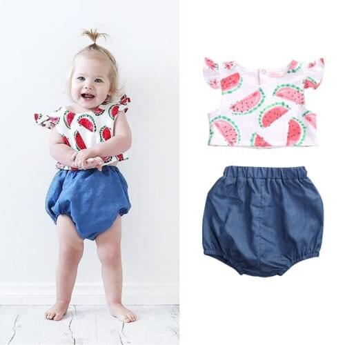2pcs Newborn Baby Girls Watermelon Print Flutter Sleeve Tops + Pure Bloomers Pants Outfits