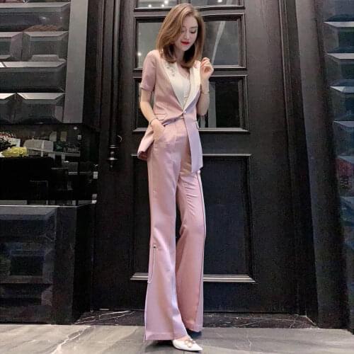 Women 2021 Summer Elegant Office Work Wear Pant Suits OL 2 Piece Sets Female Solid Blazer Jacket & Trousers Suit Set Femme B15