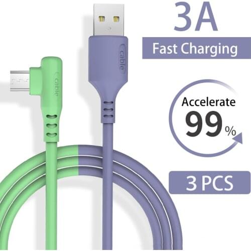 3Pcs USB Micro Cable 3A 90 Degree Elbow Data Cable Charging Cable for Samsung Huawei Xiaomi Mobile Phone Fast Charging Usb Cable