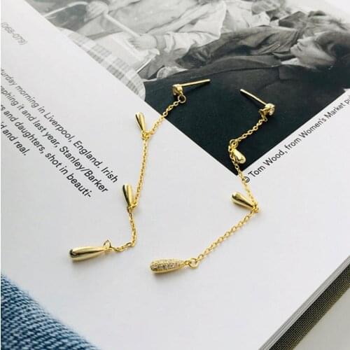 925 Sterling Silver Golden Waterdrop Zirconia Pave Chain Earrings Jewelry A1133