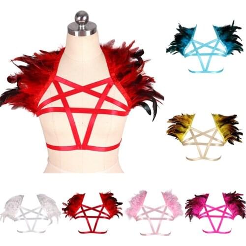 Punk Adjustable Suspenders Belts Feather Body Harness Bra Gothic Dance Festival Wear Women Fashion Sexy Cage Bondage Lingerie