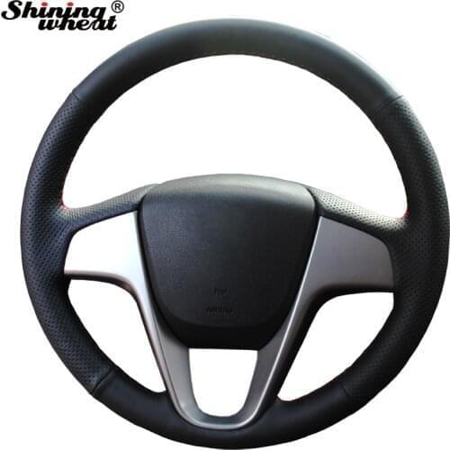 BANNIS Hand-stitched Black Leather Steering Wheel Cover for Hyundai Solaris Verna I20 Accent