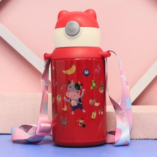 Creative Cartoon Childrens Thermos Mug Strap Sticker Thickened 316 Stainless Steel Vacuum Thermos Mug with Straw Portable